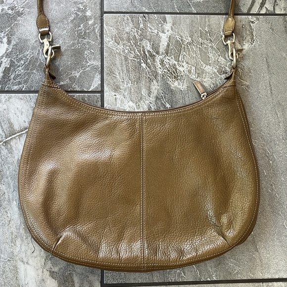 🤎 Hobo International Large Leather Tan / Gold / Grey Bag Long Strap - Picture 2 of 11